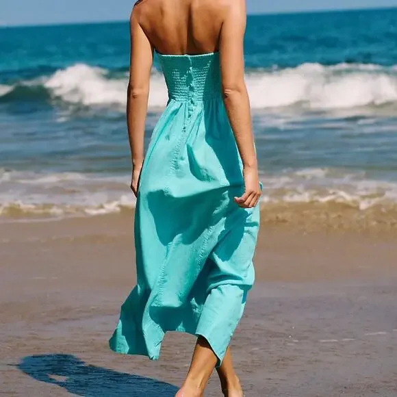 Free People | Dresses | Free People Ciao Linen Midi Dress Womens Large Teal  Linen Blend Strapless New | Poshmark